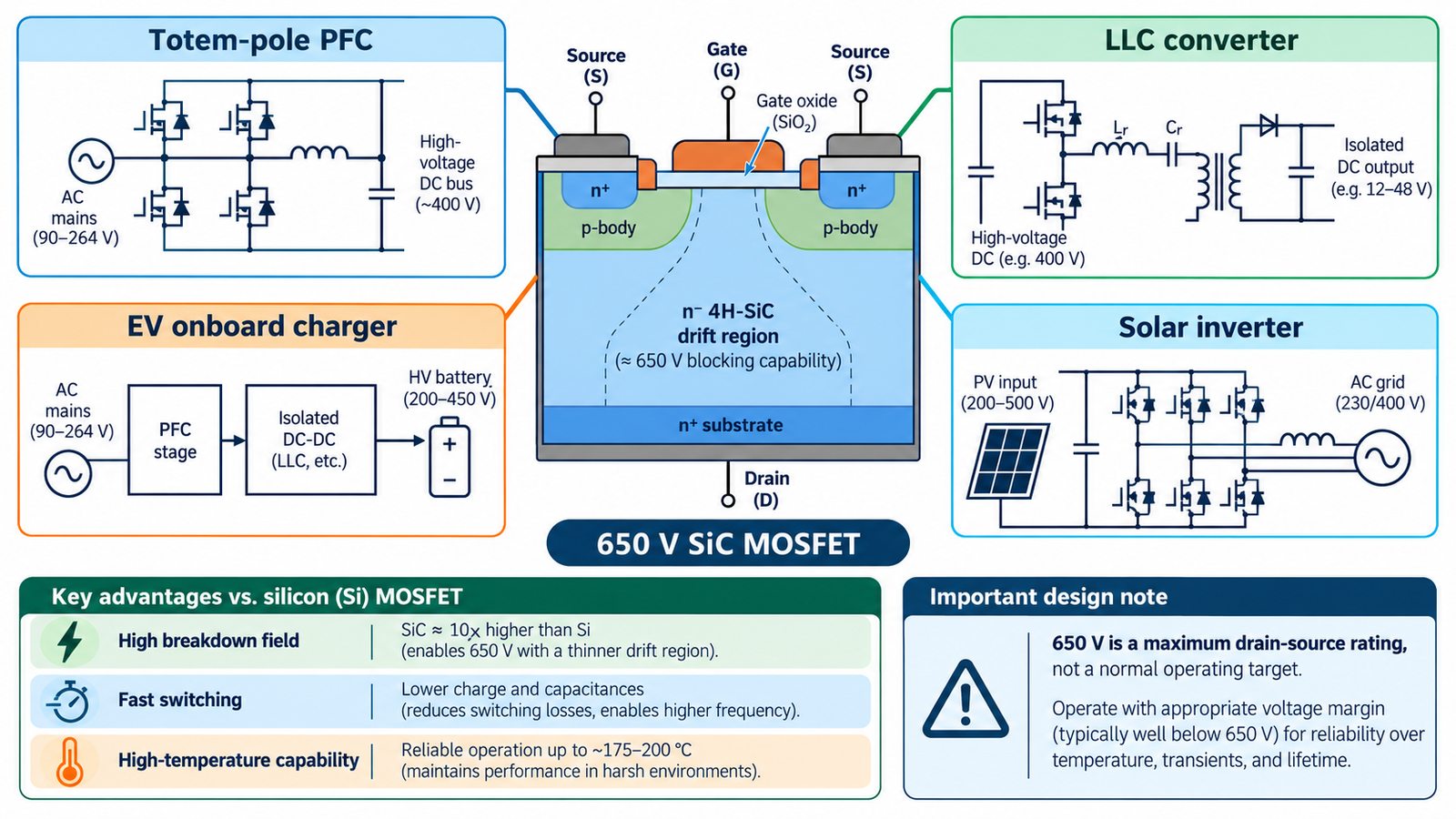 650 V SiC MOSFET structure advantages and converter applications