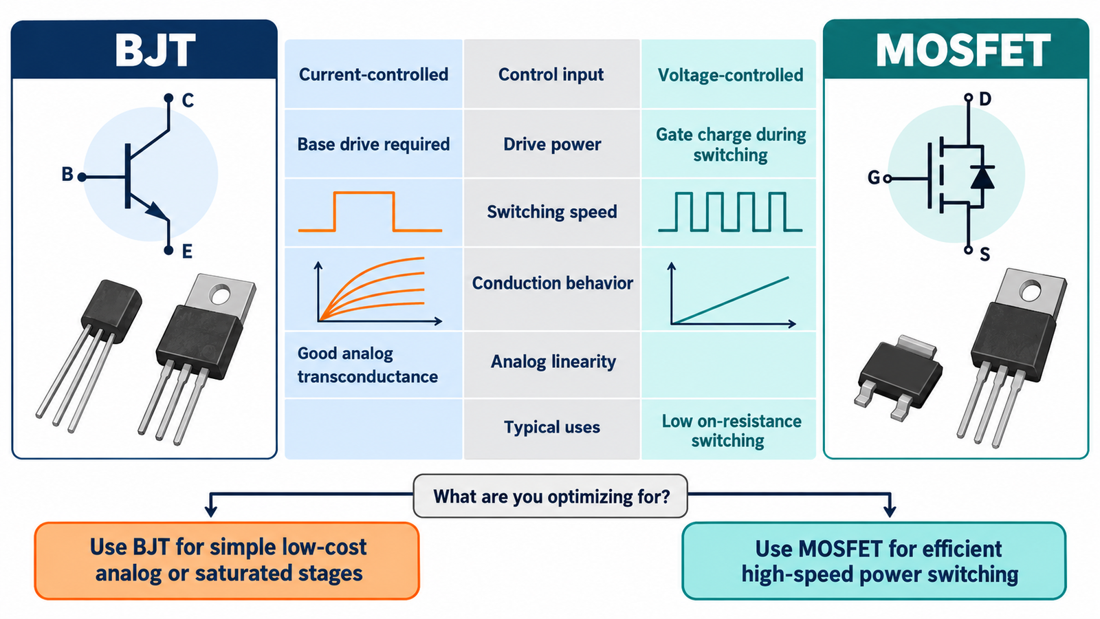 Decision diagram comparing BJT and MOSFET operating characteristics