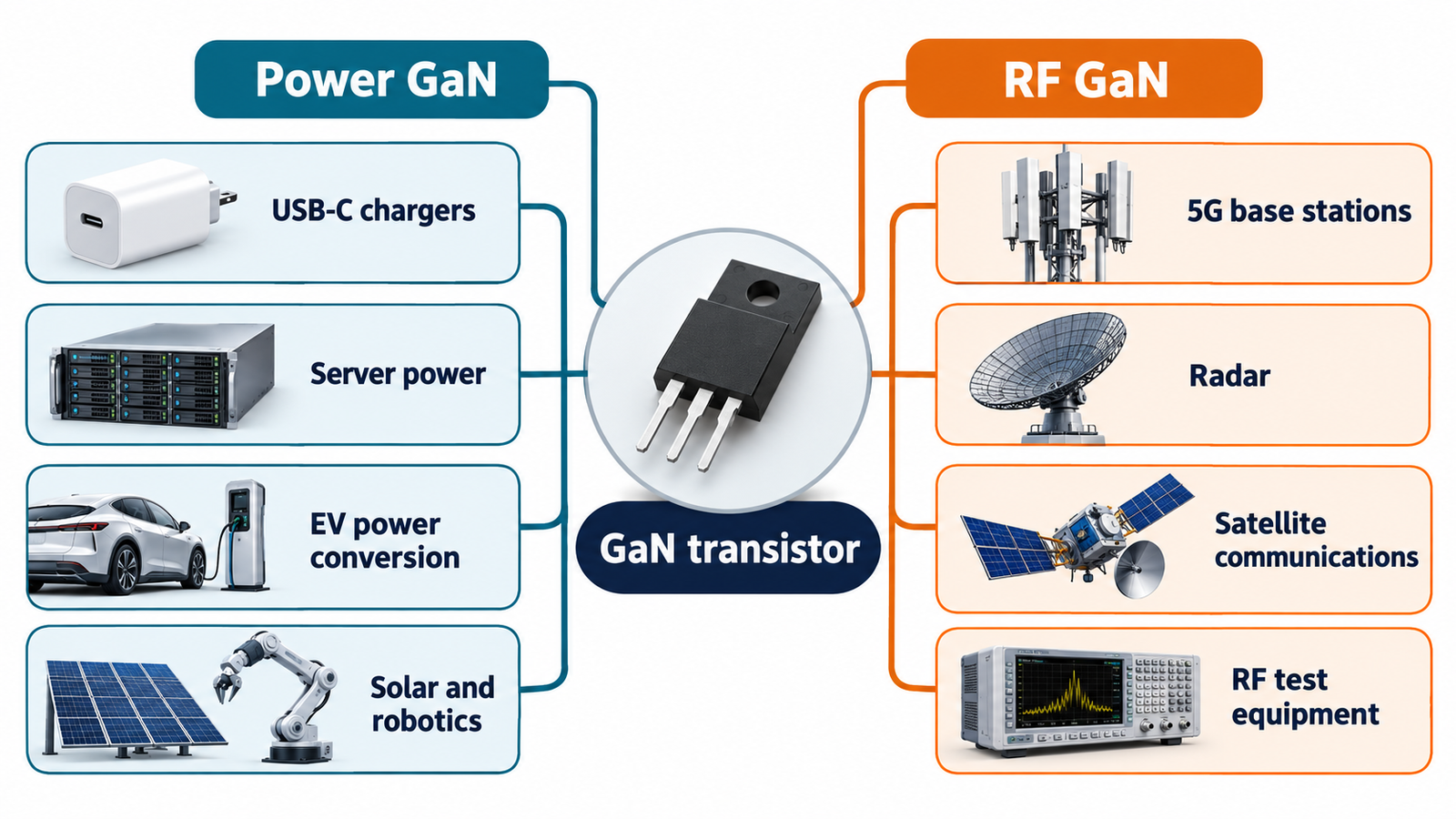 Application map for power and RF gallium nitride transistors