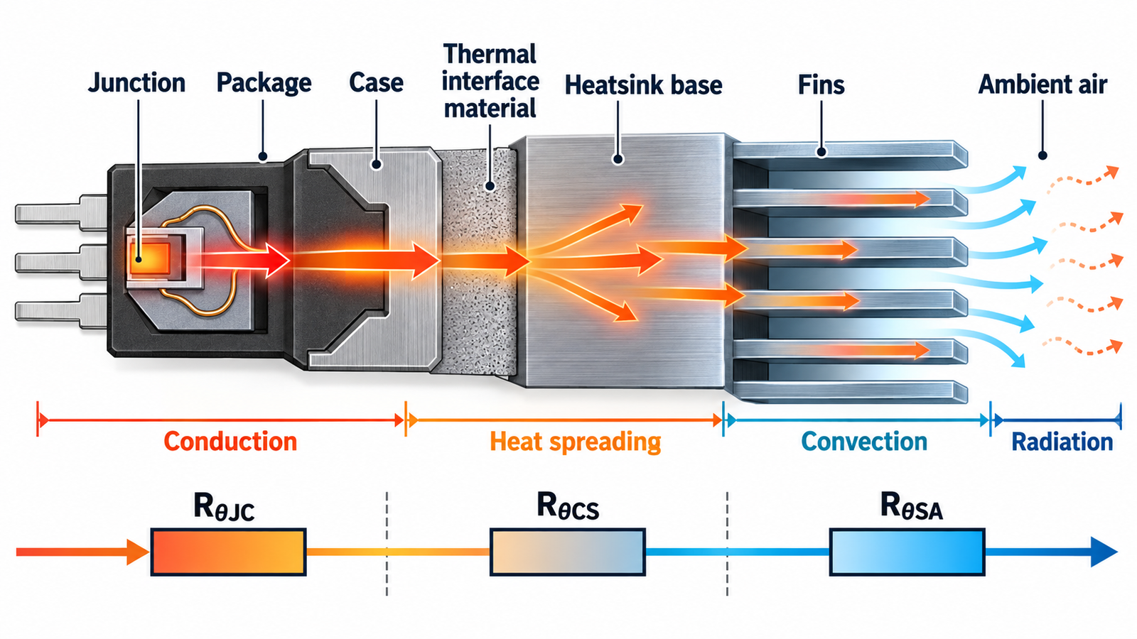 Heat flow from MOSFET junction through package interface and heatsink to air