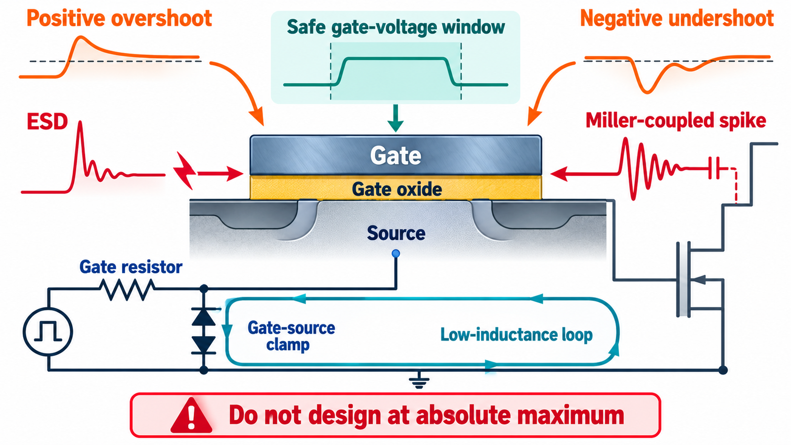 MOSFET recommended gate drive region with transient margin below absolute maximum