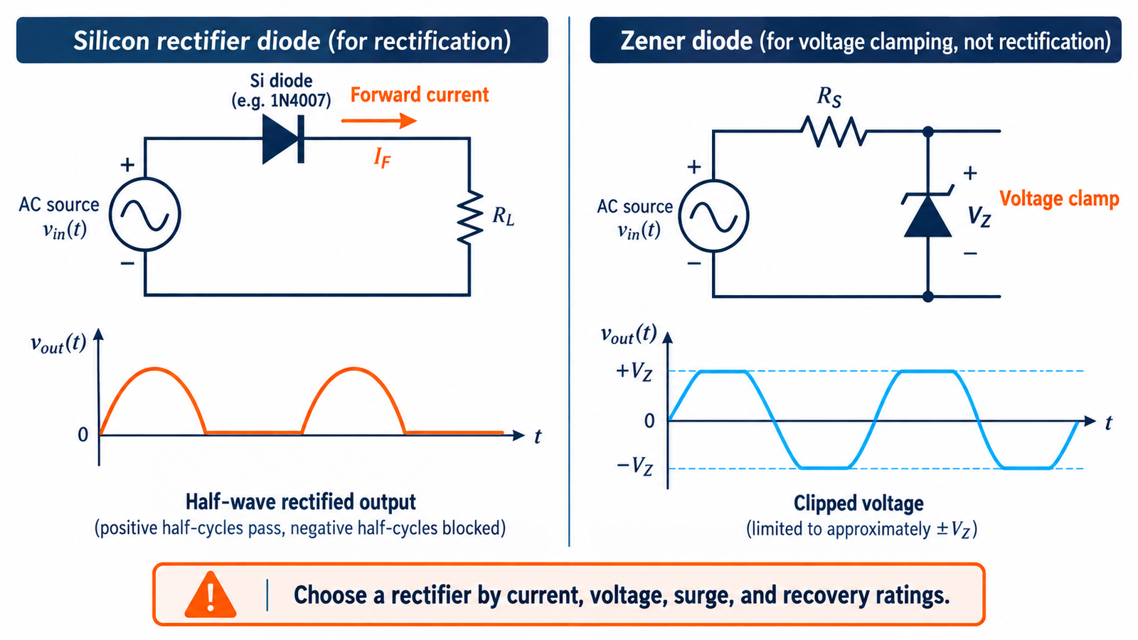 Standard diode rectification compared with Zener reverse voltage clamping