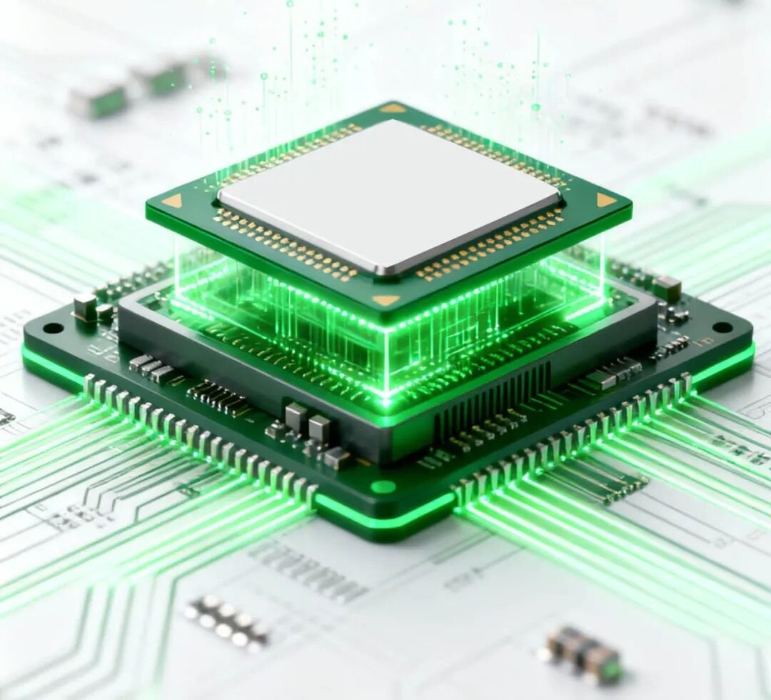 Three-dimensional rendering of a power semiconductor chip on a circuit board
