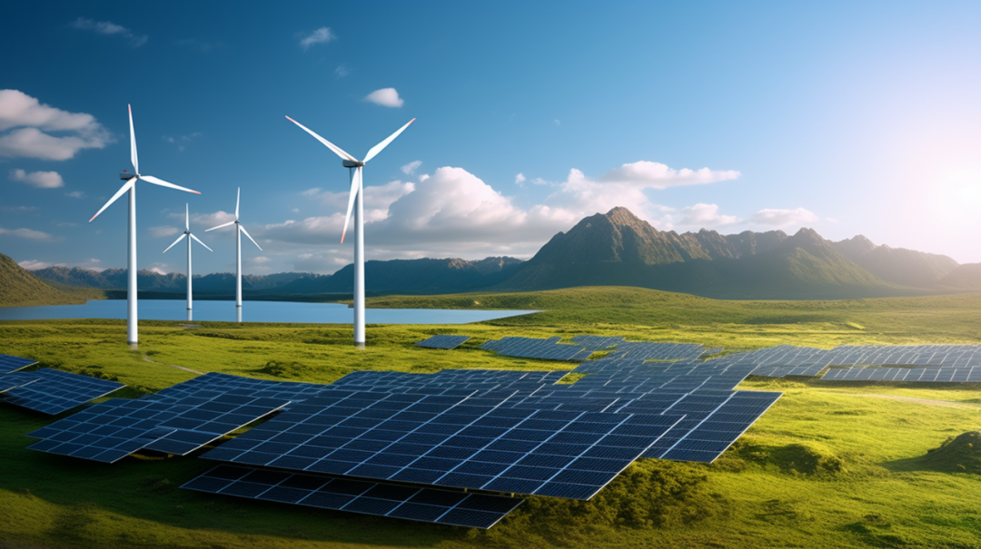Wind turbines and a photovoltaic power station in a renewable-energy landscape